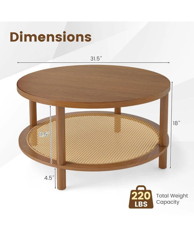 Sugift 2-Tier Boho Round Rattan Coffee Table with Storage Shelf
