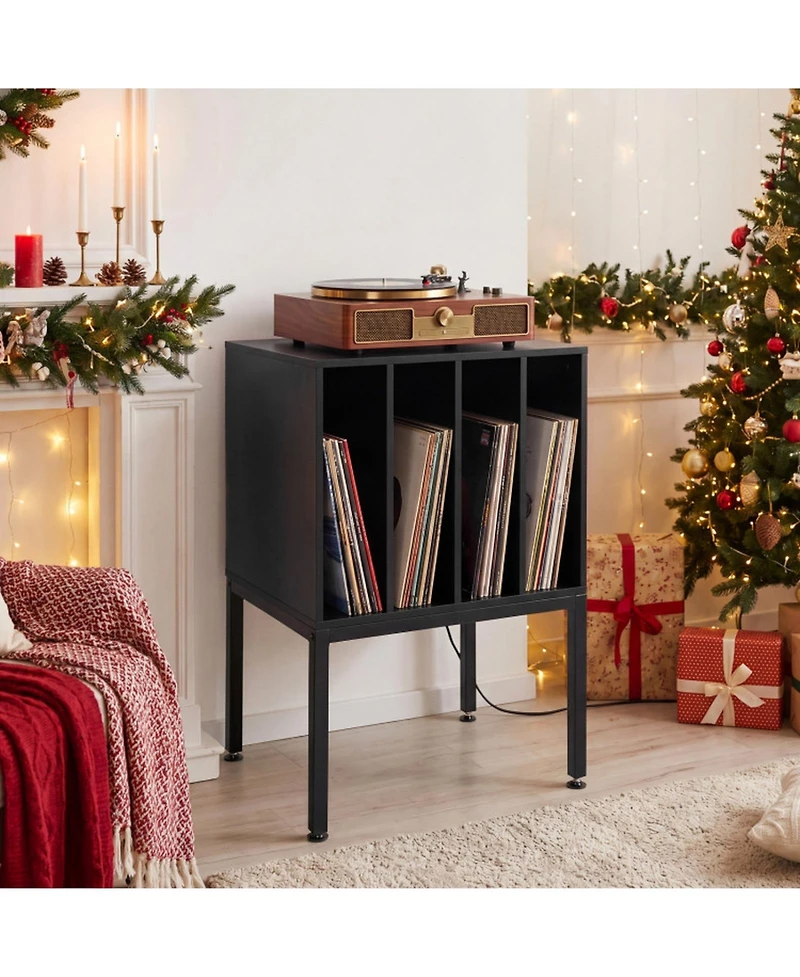 Sugift Turntable Record Player Stand with Power Outlets and 4-Partition Storage