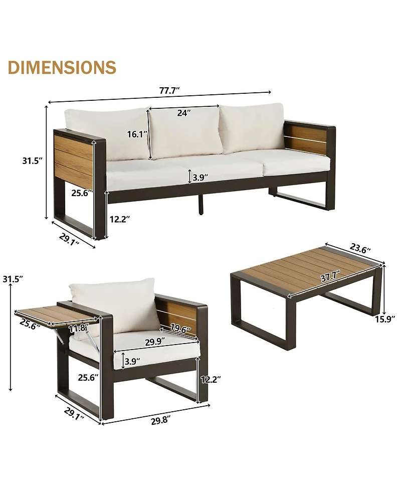 Asagikoiai 4 Piece Aluminum Patio Furniture Set with Cushions and Fold Out Side Tables