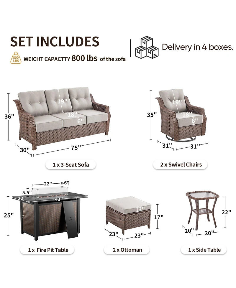 Pocassy 7-Piece Outdoor Furniture Set with Fire Pit Table, Wicker Patio Conversation Cushions and Swivel Glide Chairs
