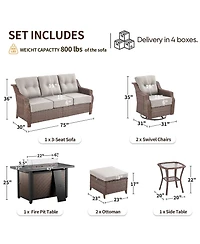 Pocassy 7-Piece Outdoor Furniture Set with Fire Pit Table, Wicker Patio Conversation Cushions and Swivel Glide Chairs