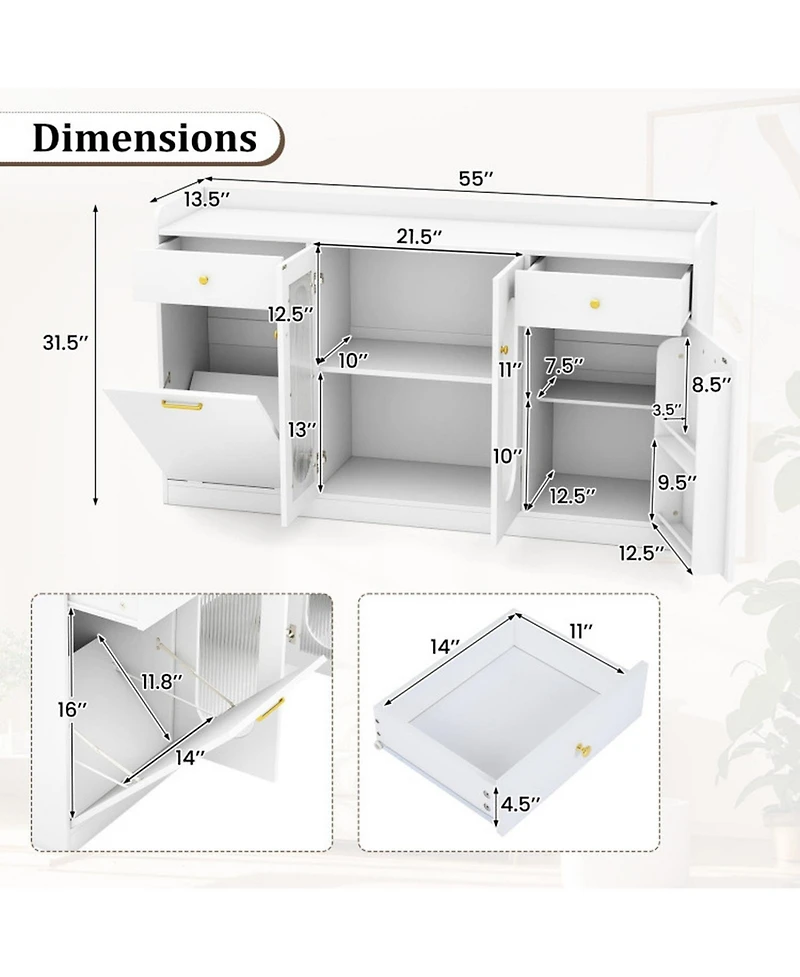 Sugift 55 Inch Buffet Cabinet with Hidden Tilt-Out Trash Can and 2 Glass Doors