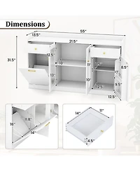 Sugift 55 Inch Buffet Cabinet with Hidden Tilt-Out Trash Can and 2 Glass Doors