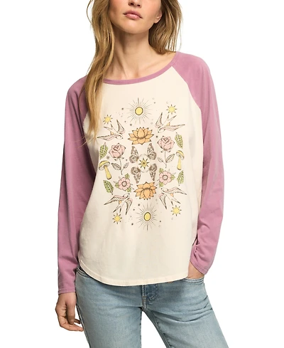 Lucky Brand Women's Mirror Sun Birds Raglan Colorblock-Graphic T-Shirt