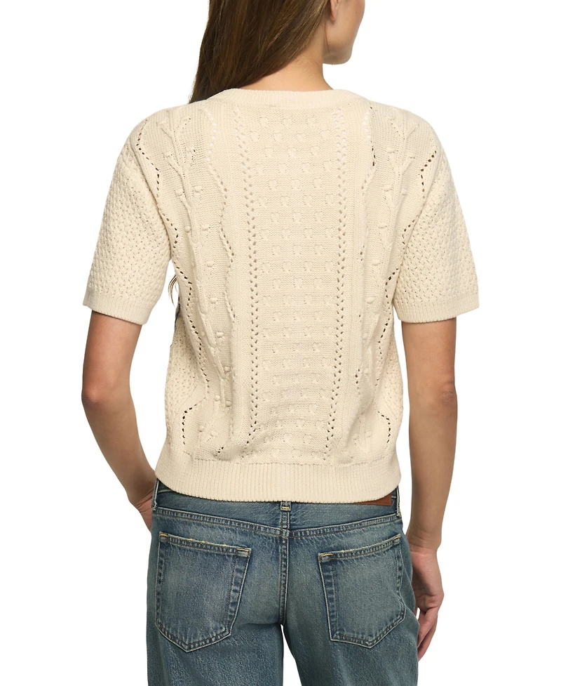 Lucky Brand Women's Rosette Button Up Short-Sleeve Cable-Knit Crop Cardigan
