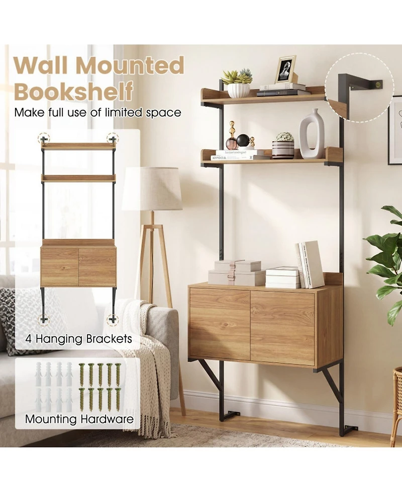 Sugift Tall Wall Mounted Ladder Bookcase with Storage Cabinet 2 Open Shelves Narrow Ladder Shelf