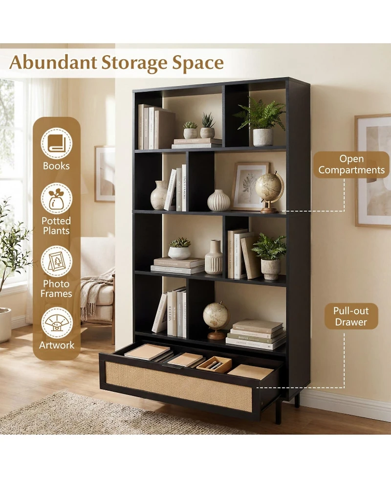Sugift 64 Inch 6-Tier Tall Wooden Bookcase with 8 Open Cubes and Drawer