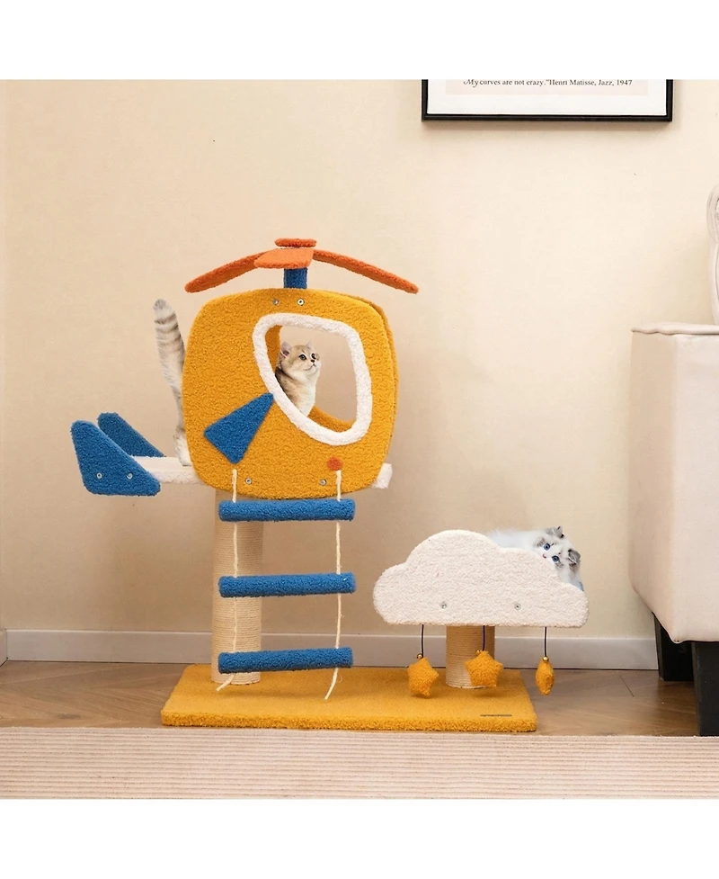 Sugift Indoor Small Aviation-Themed Cat Tree Cat Tower with Helicopter Top Perch
