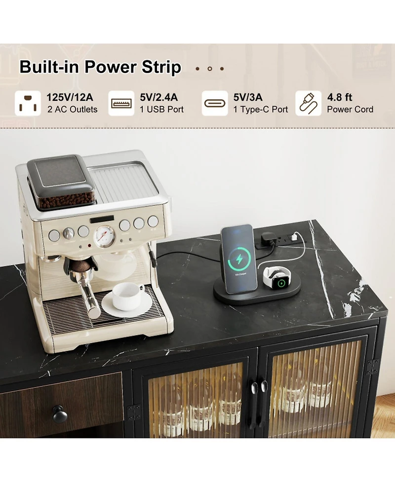 Sugift Buffet Sideboard with 2-Door Cabinet Power Outlets and Led Light