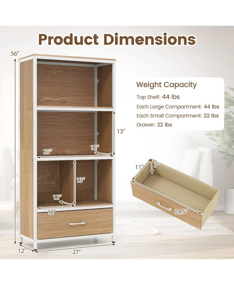 Sugift 56 Inch Tall Freestanding 5-Tier Bookcase with Drawer