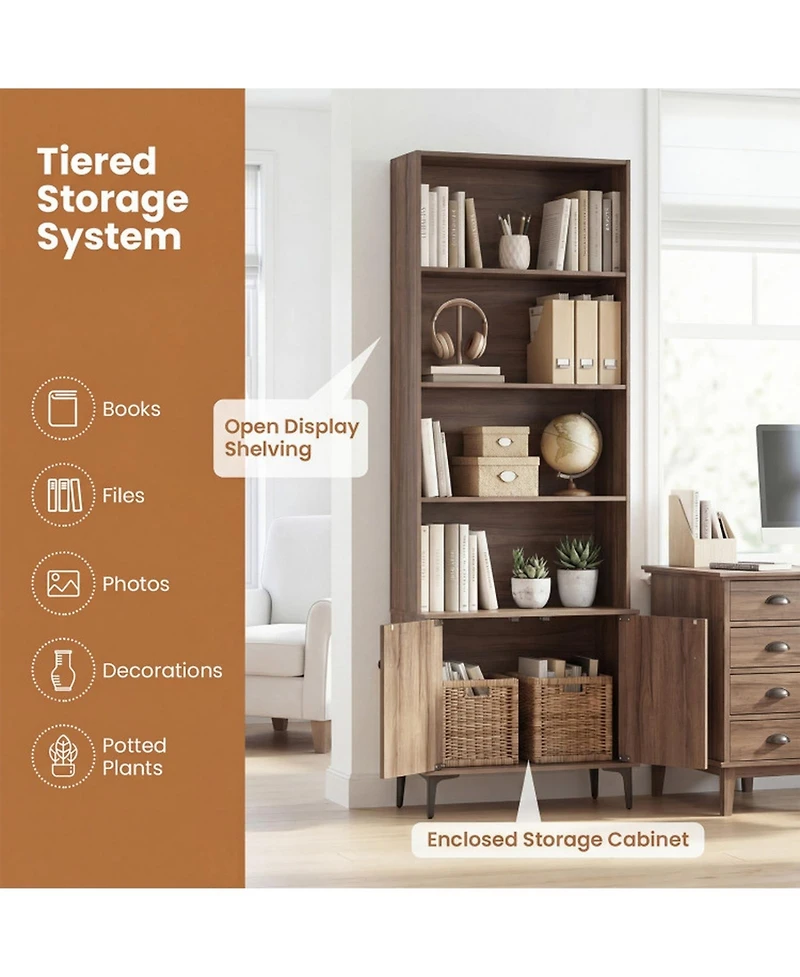 Sugift Bookshelf With Doors and 2 Anti-Tipping Kits for Home Office