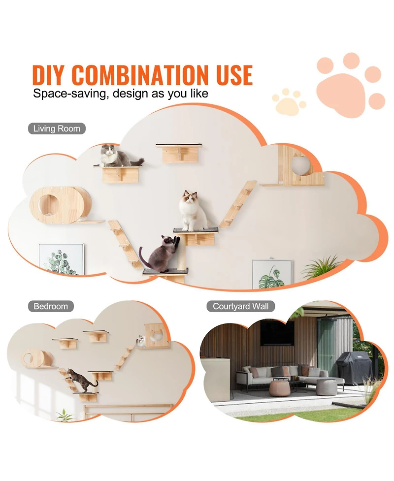 Hongge Seven Piece Wall Mounted Cat Shelf Set with Hammocks