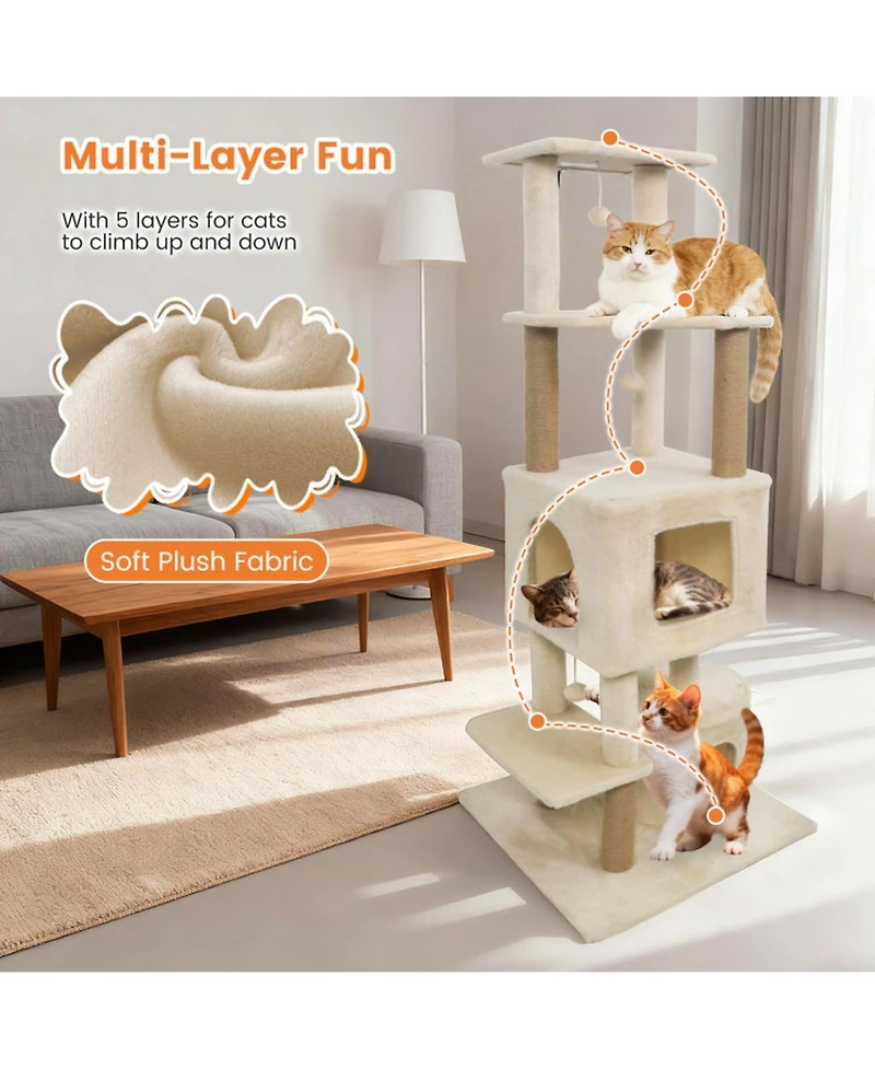 Sugift 64 in Tall Cat Tree with 2 Large Condos and Jute Scratching Posts for Indoor Adult Cats