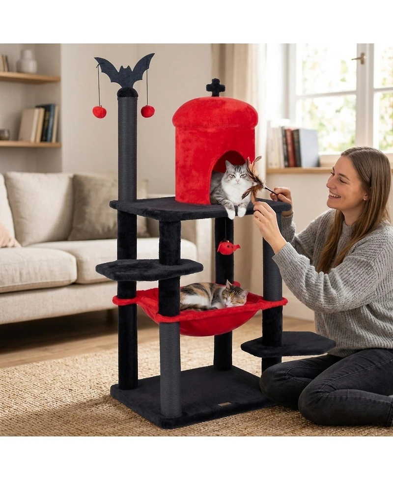 Sugift 60in Gothic Cat Tower with Plush Perch and Spider Hanging Toys for Halloween