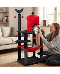 Sugift 60in Gothic Cat Tower with Plush Perch and Spider Hanging Toys for Halloween