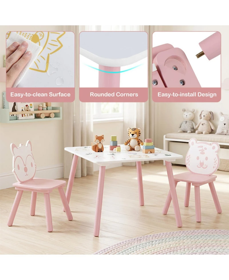 Sugift 3-Piece Kids Table and Chairs Set with Animal Patterns
