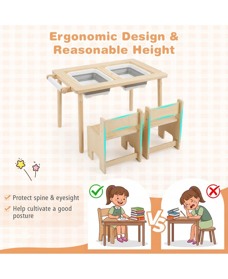 Sugift 3-Piece Kids 6-in-1 Activity Table and Chair Set with 2-Height Adjustable Table