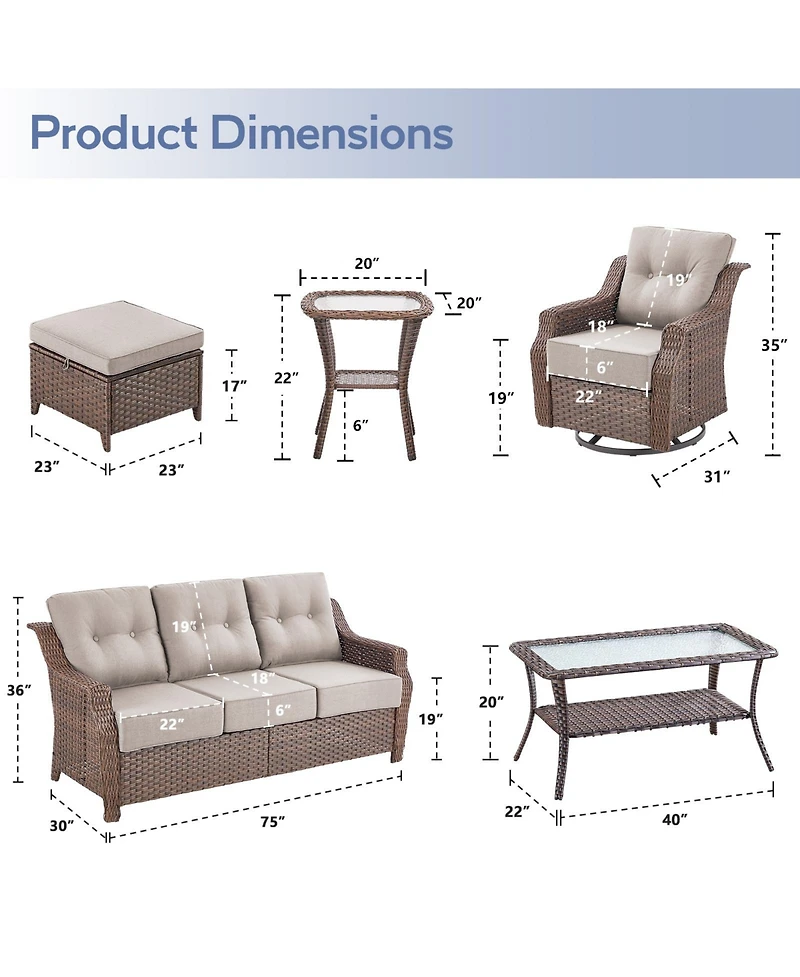 Pocassy 7-Piece Patio Furniture Set with Outdoor Swivel Chairs, High Back Wicker Conversation Sets 6" Thick Cushions