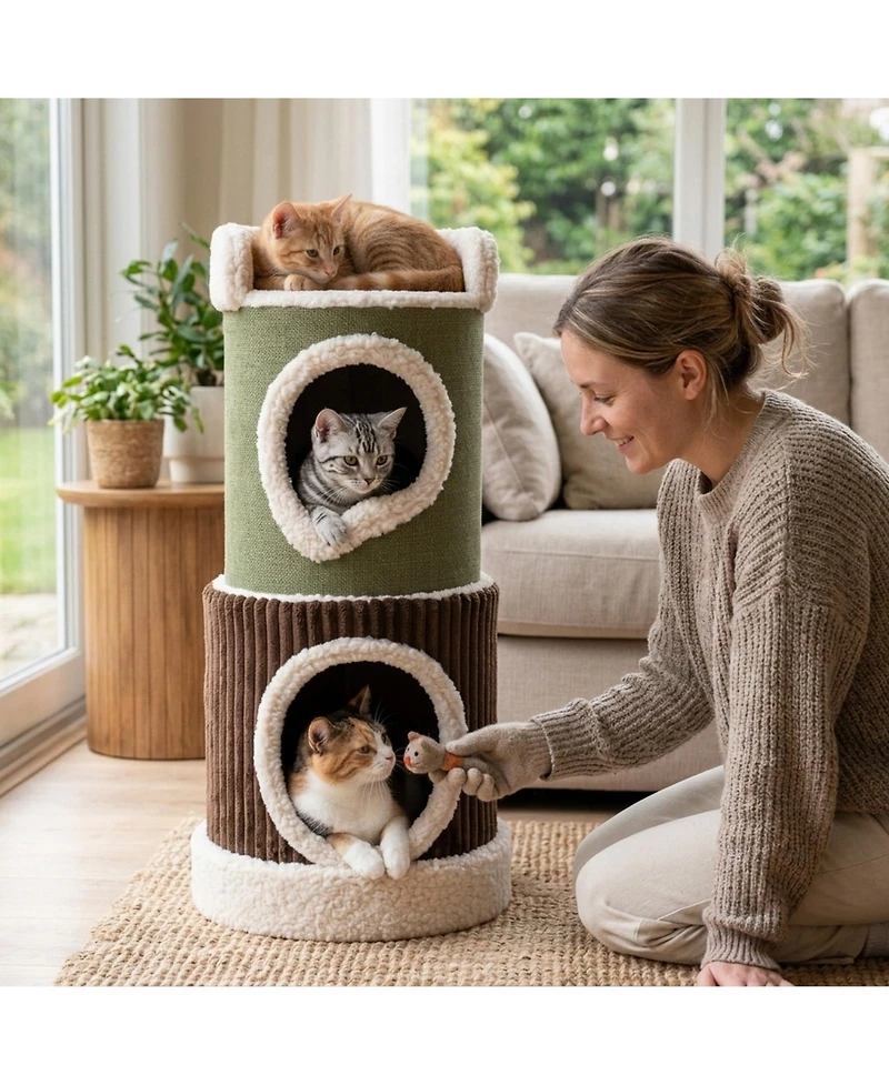Sugift 3-Level Barrel Cat House with Top Perch Double Condos and Stable Base