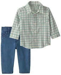 Carter's Baby Boys' Plaid Flannel Long-Sleeve Shirt and Denim Pants, 2-Piece Set
