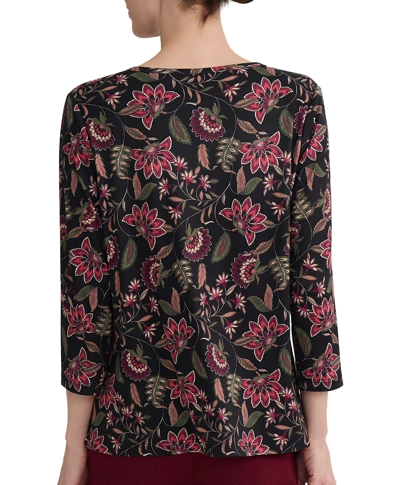 Jones New York Women's Floral-Print Keyhole Neck 3/4-Sleeve Top