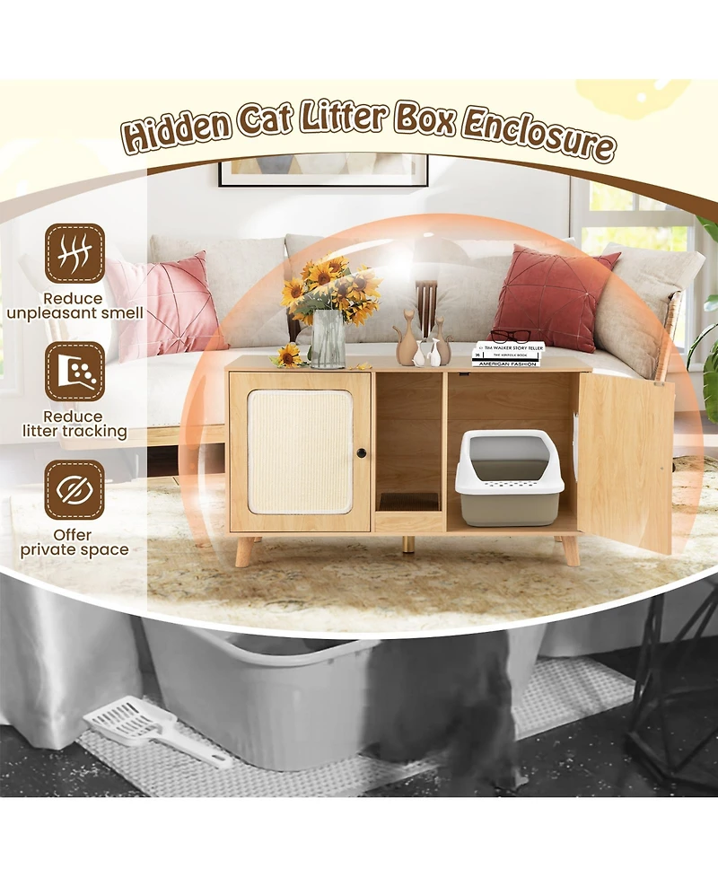 Sugift 43 in Cat Litter Box Enclosure with Double Rooms and 2 Sisal Scratching Mats