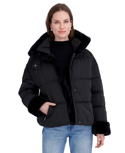 Tahari Womens Sherpa Cuff and Collar Puffer Coat