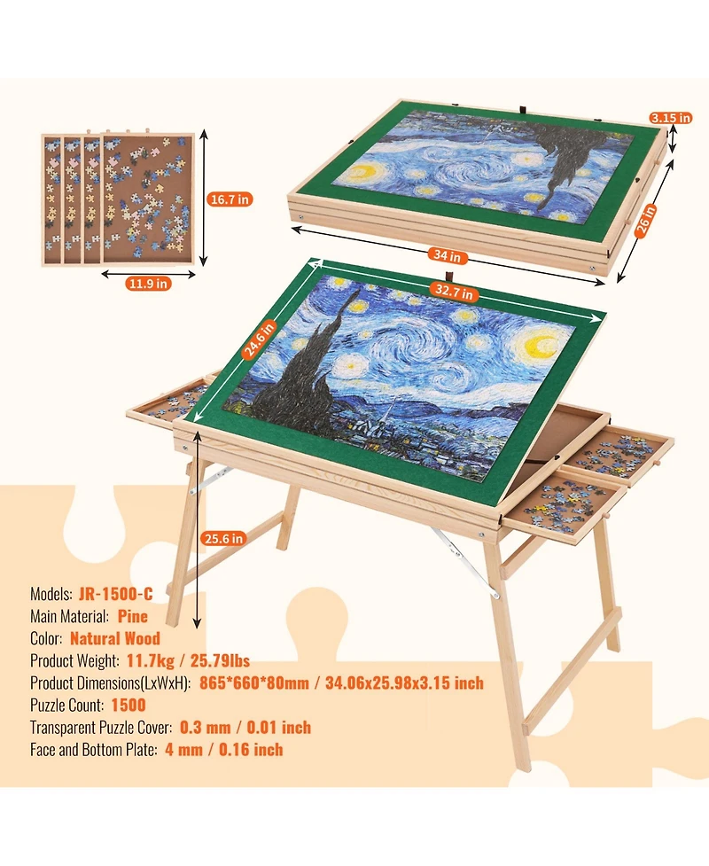 Sevorley 1500-Piece Wooden Puzzle Table with Folding Legs, 4 Drawers and Cover