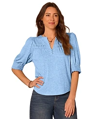 Democracy Petite Blouson-Sleeve Mandarin Collar Knit Top