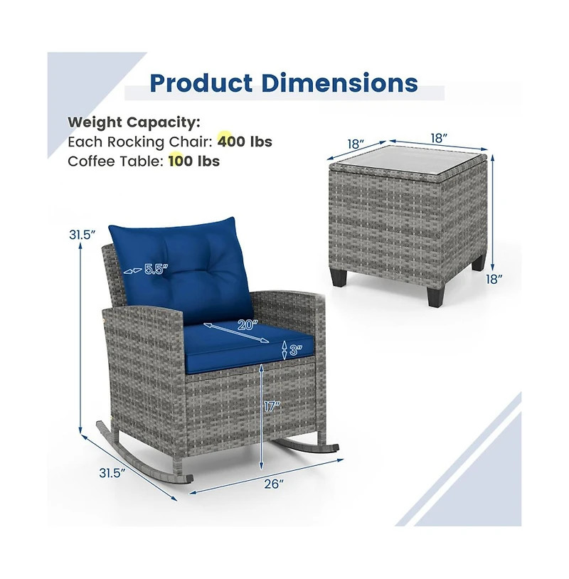 Boyel Living 3 Piece Patio Rattan Roker Chairs with Tempered Glass Table and Soft Cushions
