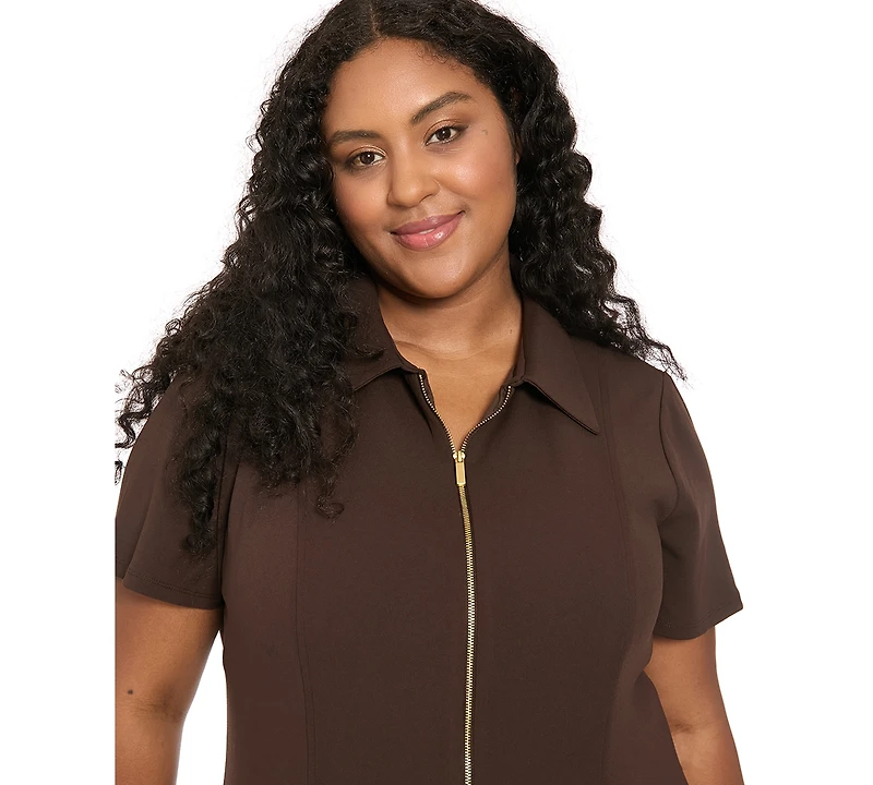 London Times Plus Collared Short-Sleeve Pleated Dress