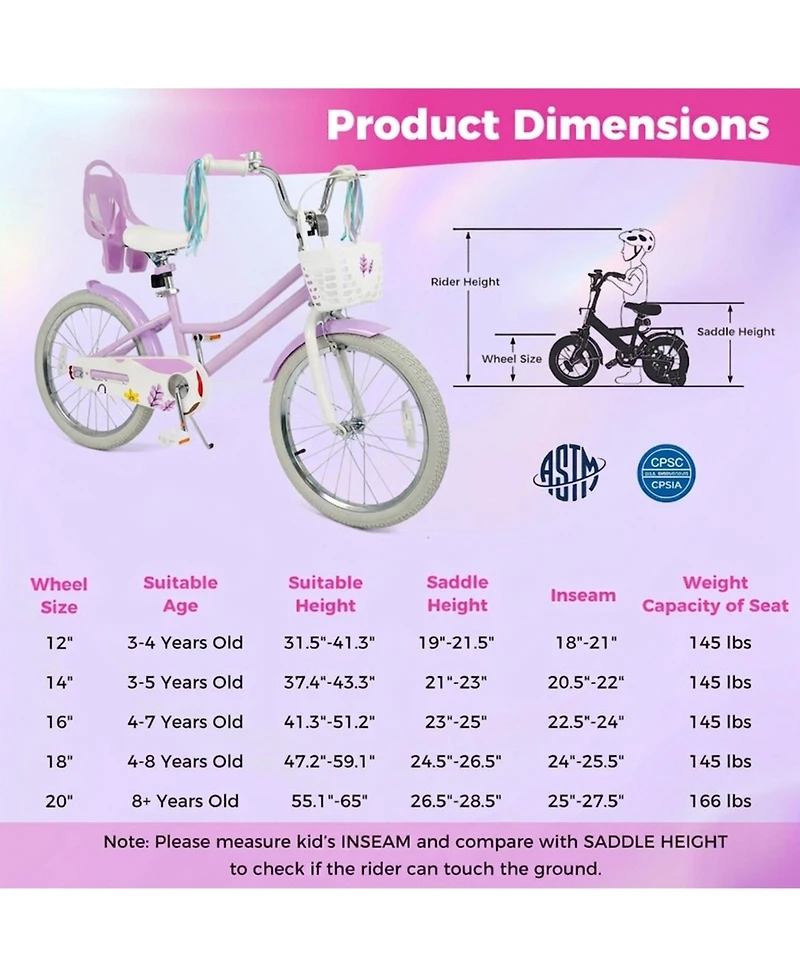 Sugift 20 in Girls Bike Kids Bicycle with Doll Seat Streamers and Basket for 8+ Years Old