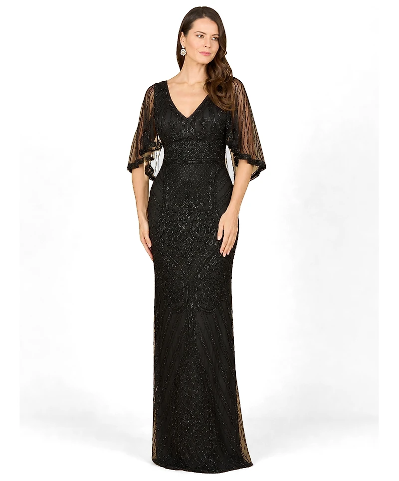 Lara Women's Cape-Sleeve V-Neck Beaded Gown