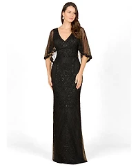 Lara Women's Cape-Sleeve V-Neck Beaded Gown