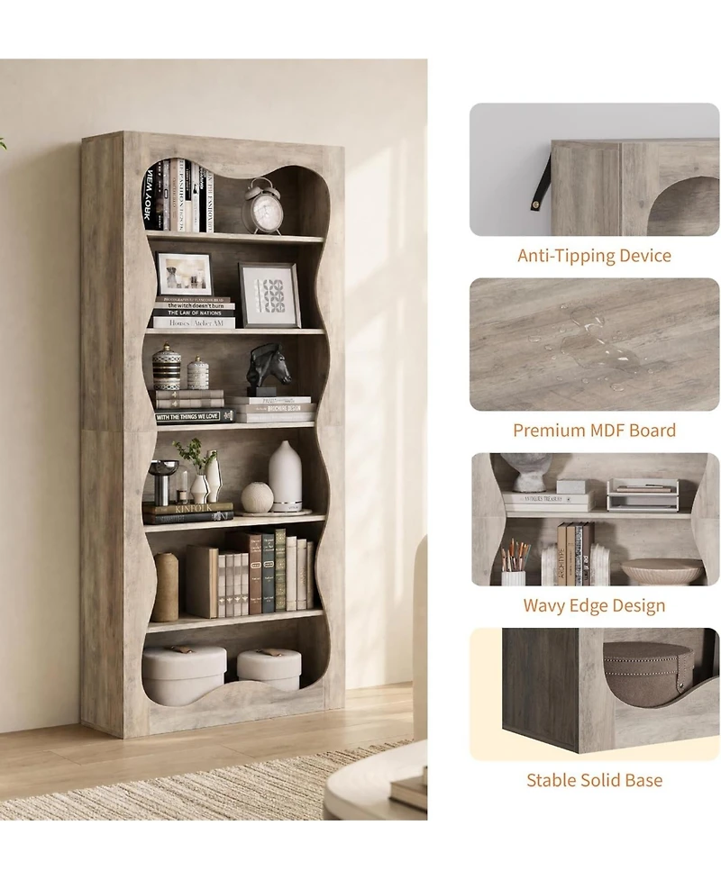 homfan 6-Tier Tall Wood Bookshelf with Scalloped Wavy Edges, Freestanding Display Shelf for Living Room, Office
