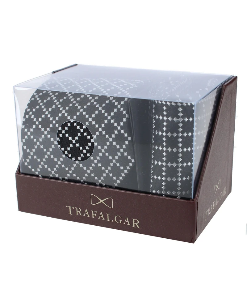 Trafalgar Men's Rowan Geometric Pattern Silk Necktie and Pocket Square Bundle