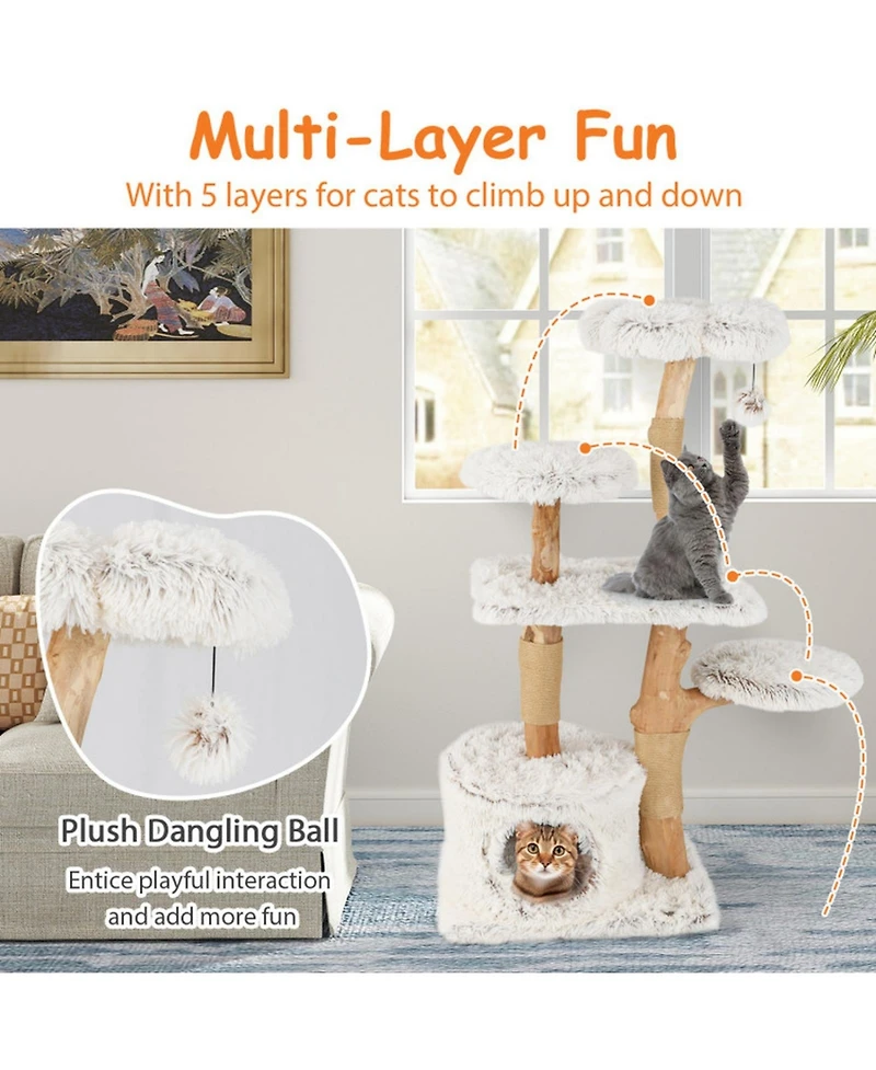 Sugift 53 in Modern Wooden Cat Tree Tower with Natural Branch Jute Scratching Posts and Condo