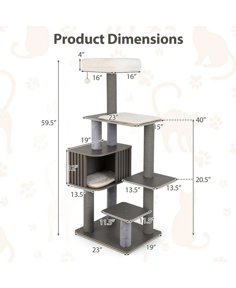 Sugift 59.5 in Tall Multi-Level Cat Tree Indoor Cat Tower with Cushion Top Perch