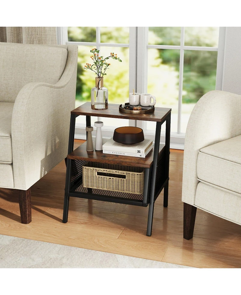 Sugift 3-Tier Industrial Nightstand End Table with 2 Open Shelves and Metal Mesh Compartment