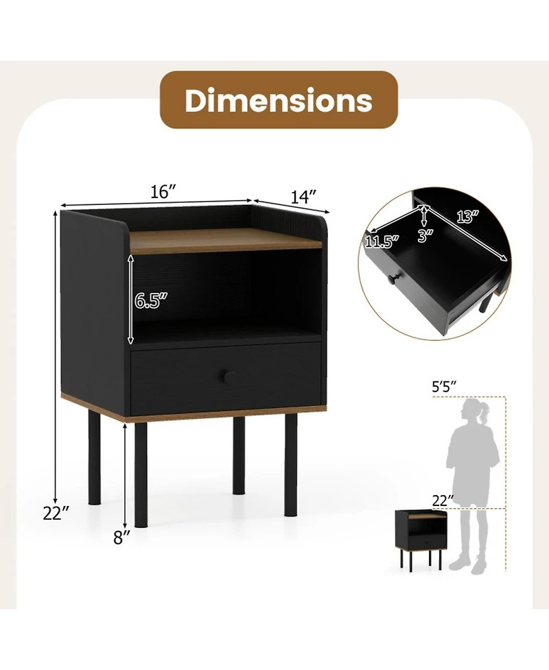 Sugift 3-Tier Nightstand with Drawer and Open Storage Shelf Sofa Side Table
