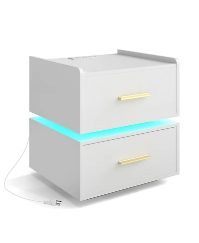 Sugift Led Nightstand with Charging Station 2-Drawer Bedside Table with 2 Ac Outlets Usb Type-c Port