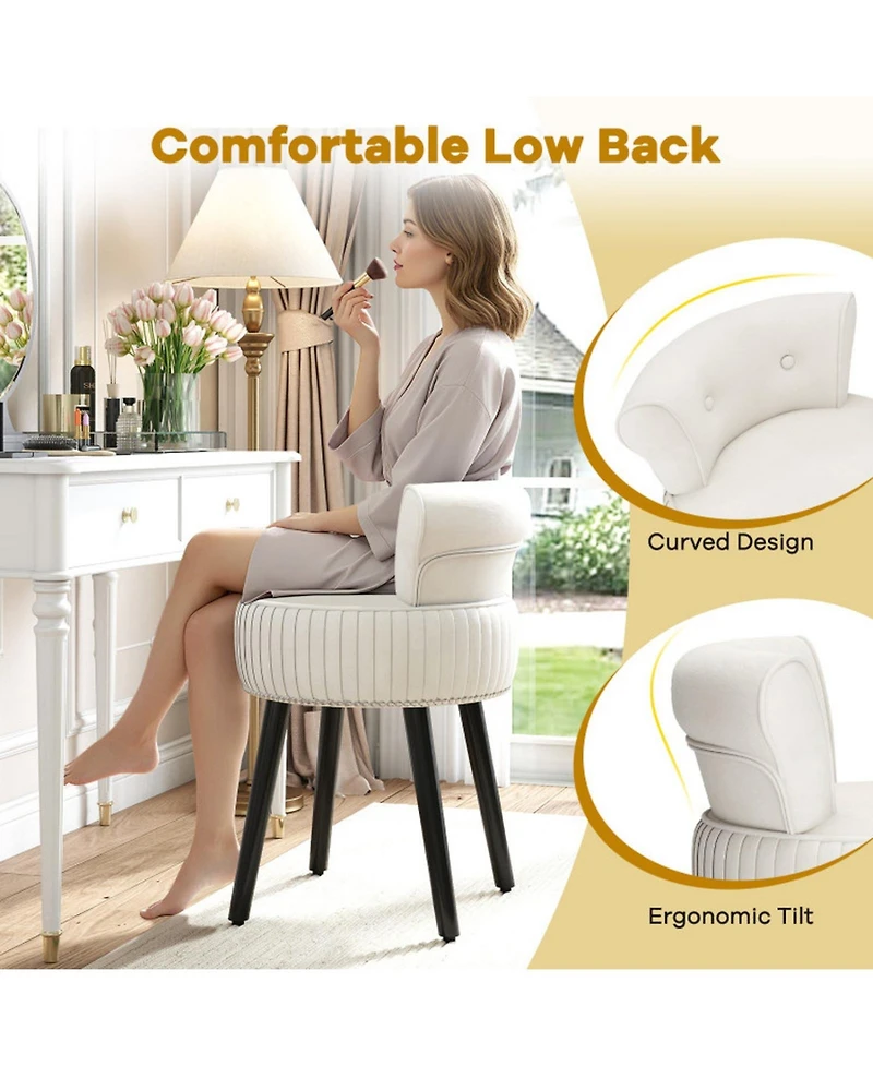 Sugift Velvet Vanity Chair Upholstered Stool with Tufted Low Back and Solid Wood Legs