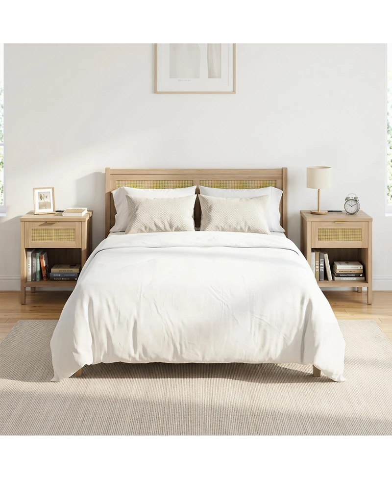 Sugift Rattan Nightstand with Charging Station Drawer and Storage Shelf for Bedroom