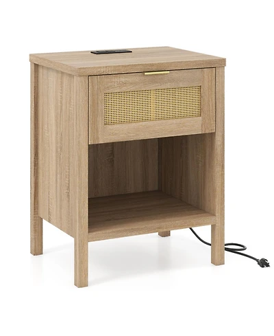 Sugift Rattan Nightstand with Charging Station Drawer and Storage Shelf for Bedroom