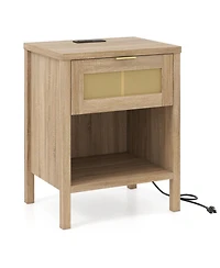 Sugift Rattan Nightstand with Charging Station Drawer and Storage Shelf for Bedroom