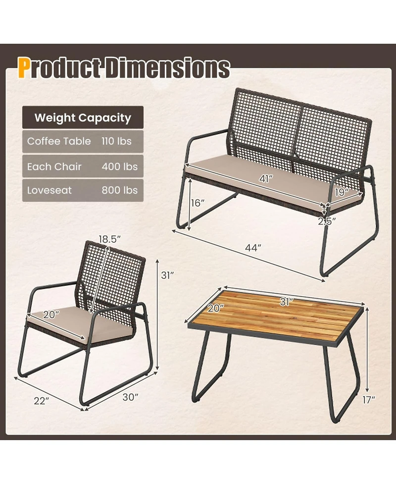 Sugift 4-Piece Patio Furniture Set with Acacia Wood Table and Zippered Cushions