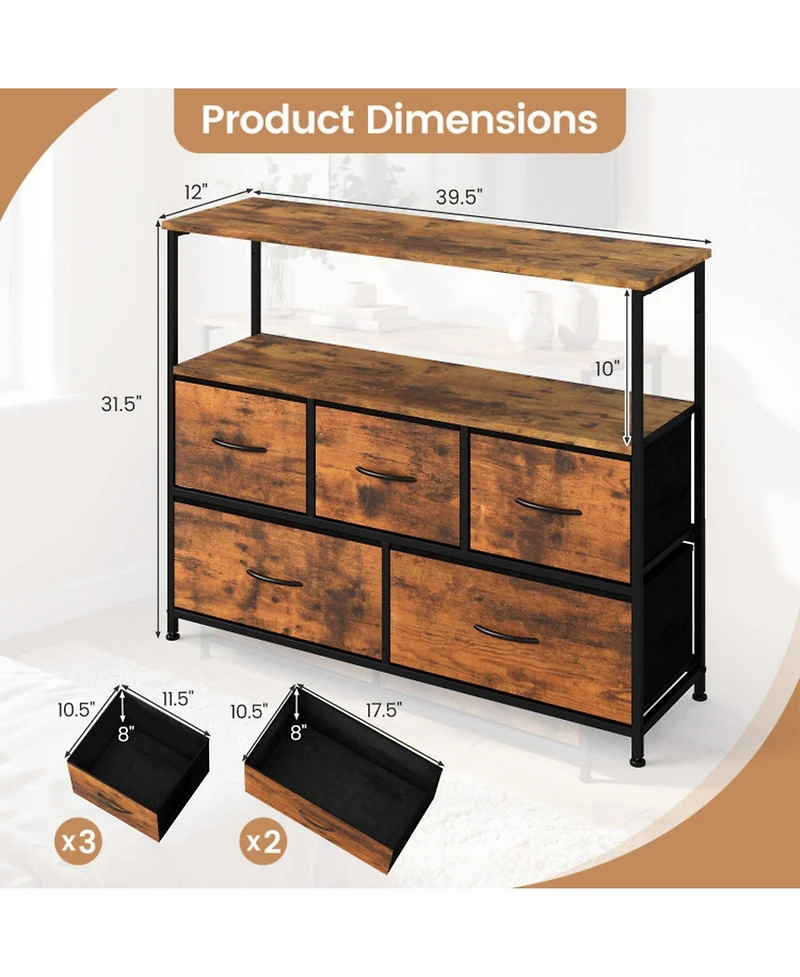 Sugift Tv Stand Dresser for 45 in Tv with 5 Fabric Drawers Entertainment Center
