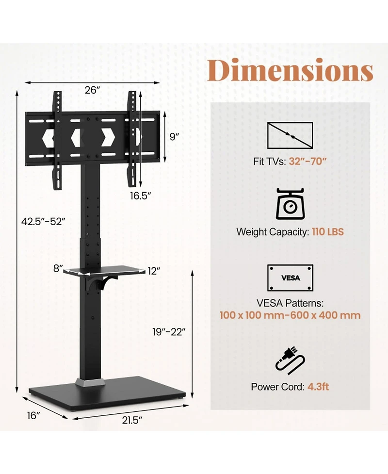 Sugift Tilt and Height Adjustable Tv Stand with Power Outlet and Adjustable Av Shelf 32-70 in