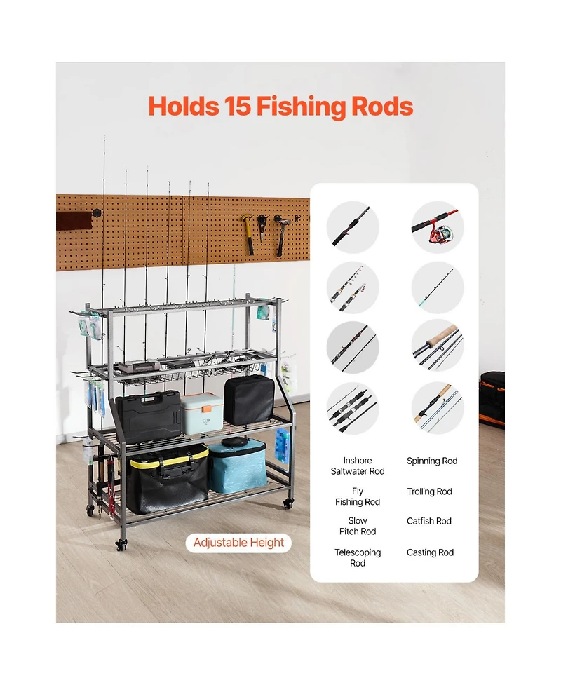 Hongge Mobile 15-Rod Fishing Rod Holder Rack Cart with Wheels