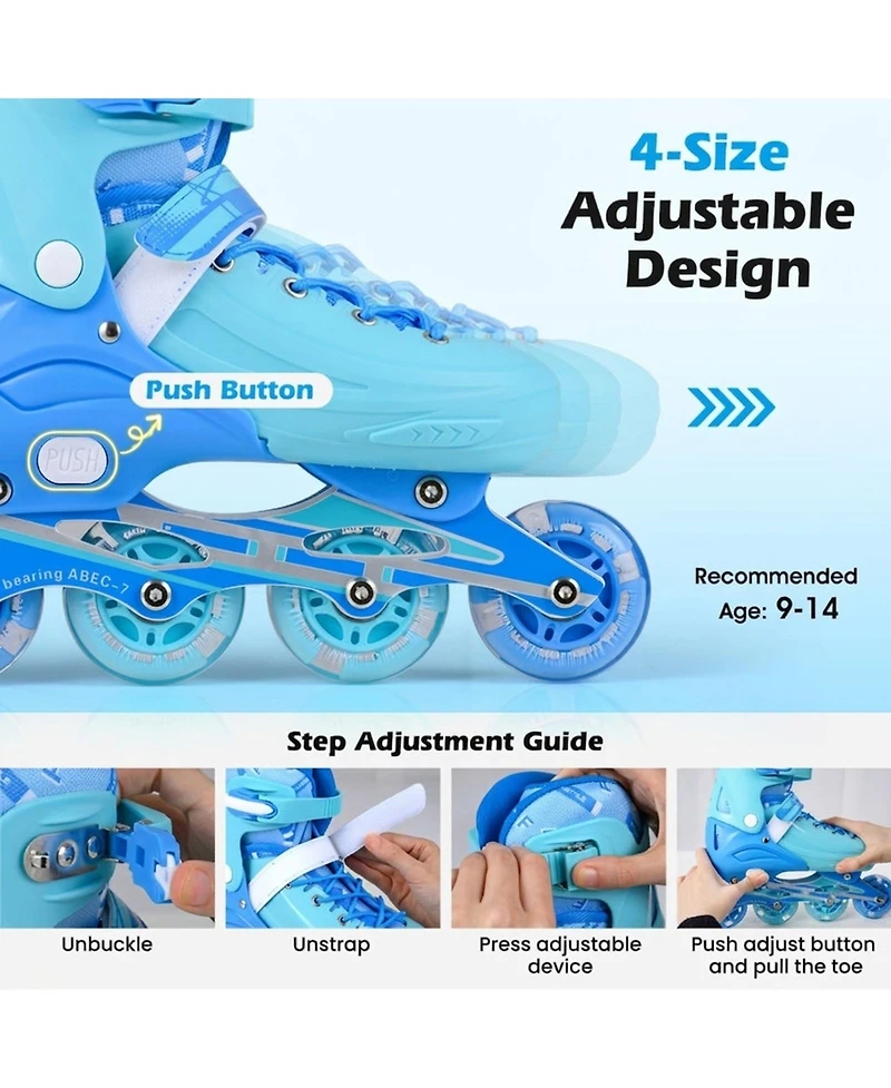 Sugift 4-Size Adjustable Light-Up Kids Inline Skates for Ages 9-14